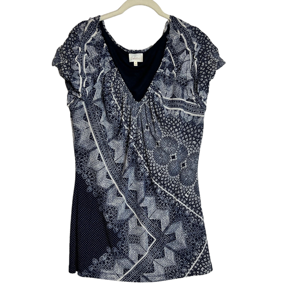 Deletta Womens Blouse XL Navy Blue V-Neck Mixed Print Lined Puff Cap Sleeves